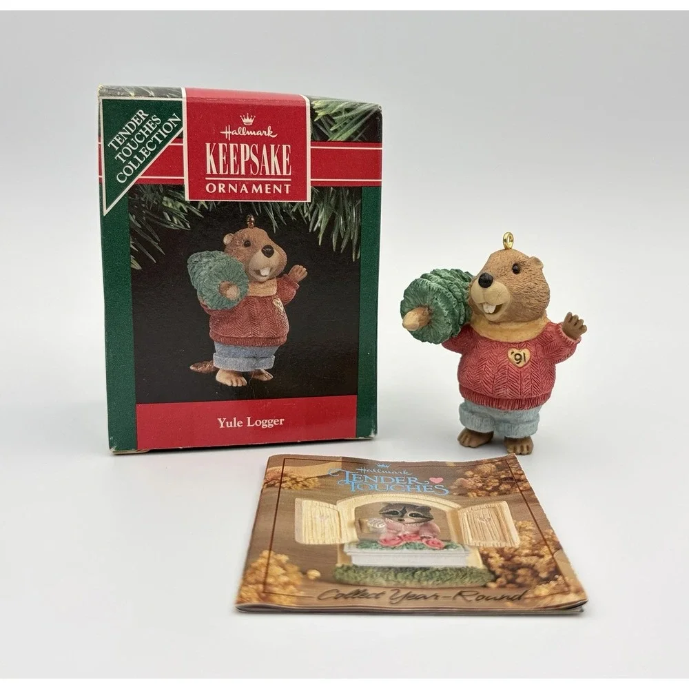 1991 Hallmark Keepsake Ornament Tender Touches Yule Logger Beaver QX496-7 VTG